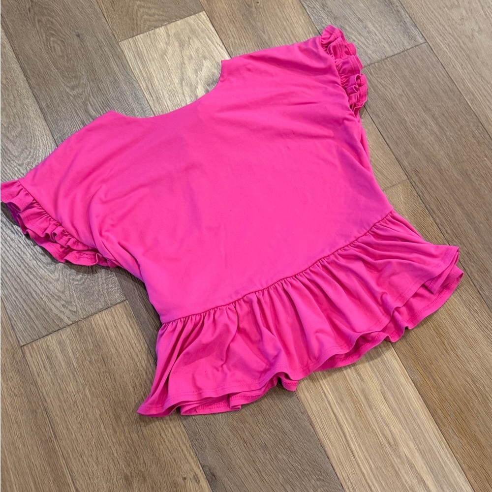 Susana Monaco Pink Peplum Top Small | Ruffle Sleeve Tie Back Stretch Blouse